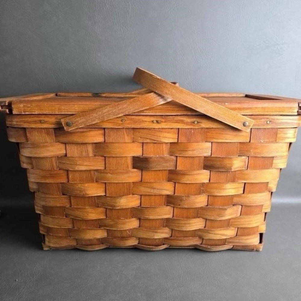 Vintage Woven Picnic Basket with Wooden Lid Handles Rustic Farmhouse Cottagecore